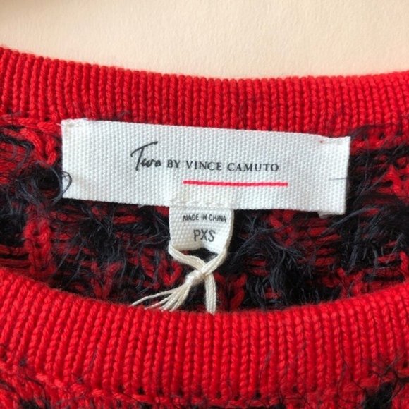 Two by Vince Camuto Animal Jacquard Sweater Fuzzy Black Red PXS - Picture 4 of 7